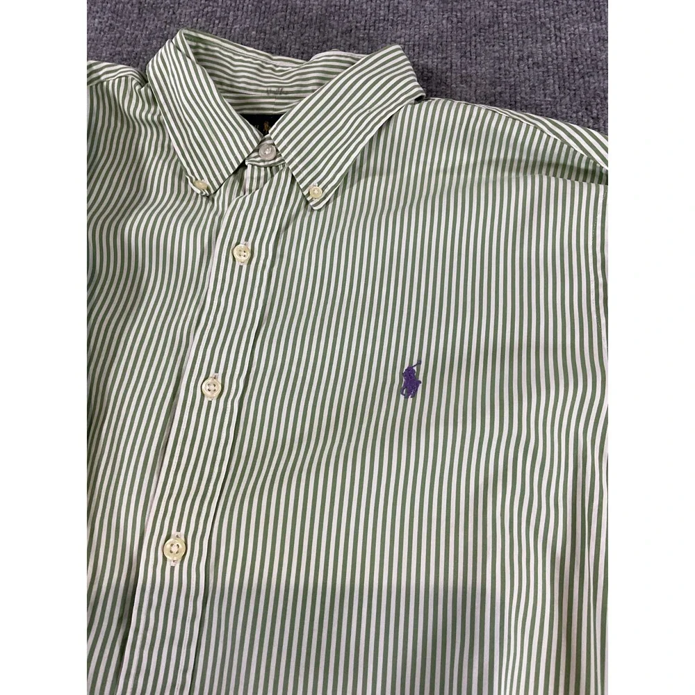 Polo Ralph Lauren XL Green White Striped Button Down Shirt Purple Pony Cotton